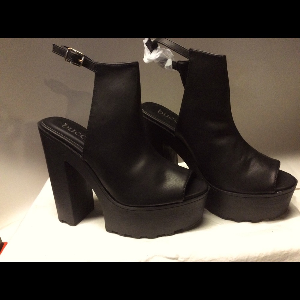 bucco Black Platform Peep-Toe Ankle Strap Heels